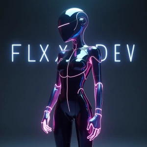 A futuristic and visually striking "Flux Dev" text on top of A futuristic figure with a seamless blend of human and AI aesthetics, wearing an elegant, high-tech catsuit that dynamically shifts color