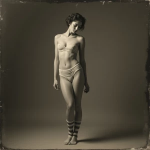 A old photograph capturing a woman in a thoughtful, serene pose....