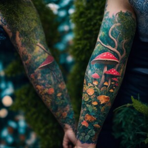 Design a full-sleeve tattoo for the left arm, inspired by "Alice...