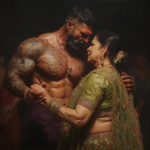 Hyperrealism oil painting.a muscular beefy tattoed gujarati swea...