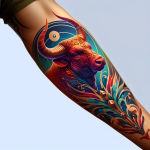 Design a 3D tattoo featuring the Zodiac sign Taurus the Bull, in...