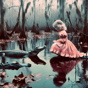 a young child in close proximity to three alligators in a swampy...