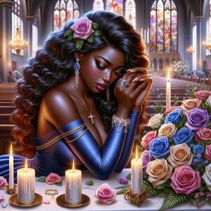 Create a serene Valentine's Day scene set in a church, featuring...