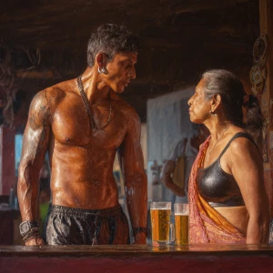 Hyperrealism painting,a muscular sweaty beefy criminal son-in-la...