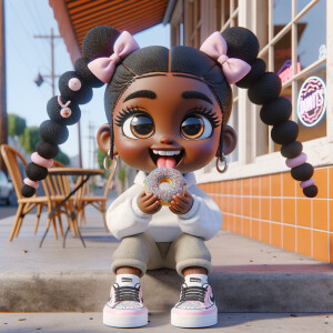 Create a caricature girl character. African American brown skin tone. sitting outside a donut shop eating sprinkled donuts. She’s wearing Tommy Hilfiger attire, tennis shoes, 4 long black braided ponytails with bows, vivid colors 4K HDR