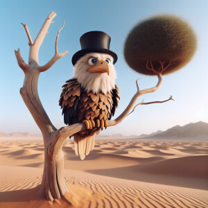 3d digital caricature of a whimsical bald  eagle, sitting on a s...