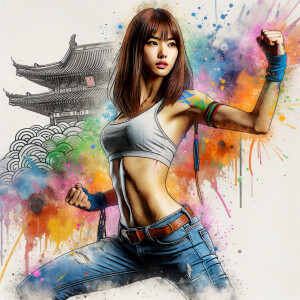 Athletic Thin skinny Attractive, Asian teenage girl, long brown hair and bangs, wearing tight skinny jeans and a halter top paint marks on her clothing, heroic pose Asian graffiti background, side view