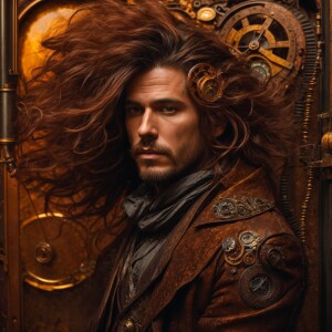 detailed rusty steampunk man with flowing hair, whimsical, surre...