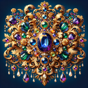 "Design an exquisite, baroque-style ornament composed of ornate gold scrollwork and flourishing acanthus leaves. Central to this design is a grand, oval-cut sapphire, surrounded by an intricate halo of smaller gemstones, including amethysts, emeralds, and pearls. Dangling elegantly from the central motif are various jeweled pendants and teardrop pearls, creating a sense of movement and opulence. The rich colors are set against a deep blue background, accentuating the gold's warm glow. Below this luxurious arrangement, the name 'KAREN' is displayed in an ornate gold script, reflecting the overall sumptuous aesthetic."