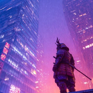 Amidst a neon-drenched cityscape, a lone samurai warrior stands...