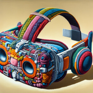 A looming, imposing VR headset made of plush material, every thr...