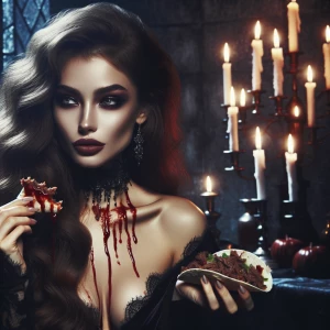 In a dimly lit, candle-filled chamber, a captivating female vamp...