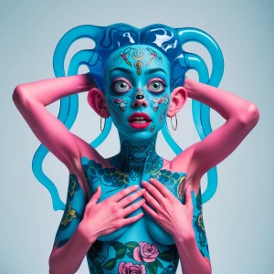 A woman with large eyes and broad pink arms is holding her chest...