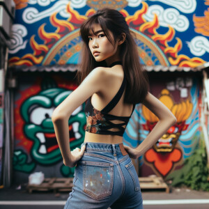 Attractive, Asian teenage girl, long brown hair and bangs, wearing tight skinny jeans and a halter top paint marks on her clothing, backside view heroic pose Asian graffiti