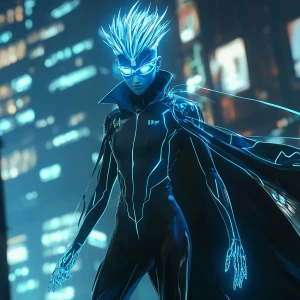 A character with spiky, two-toned hair in shades of blue and whi...