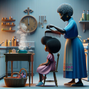 Create a realistic 3-D image of an african-American grandmother wearing a blue house dress. She is in the kitchen with her african-American granddaughter. Her granddaughter is wearing a pink dress The grandmother has a hot comb in her hand and she is straightening her granddaughters hair. One side of her granddaughters hair is in  a Afro the other straight 
There is smoke coming from the hot comb