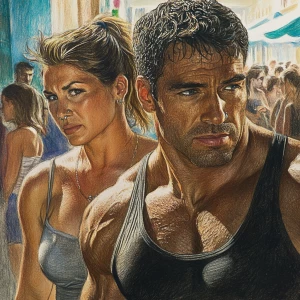 Sharp detailed colourful pencil art,A man  muscular beefy sweat...