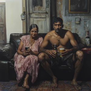 Photorealism,a muscular   criminal man sitting drinking beer wit...