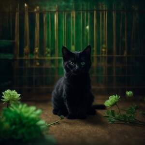 Night time, donskoy cat, kitten, black, green eyes, warehouse, f...