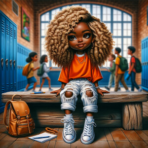 Chibi Full body, African American sitting on a rustic bench. She...