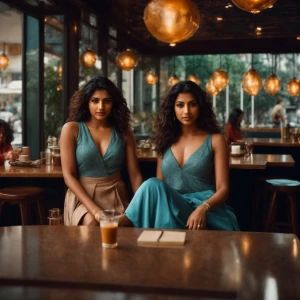 Two tall, athletic female models sipping coffee in a cozy Cyprus...