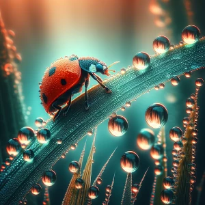 A macro view of a ladybug crawling on a blade of grass, emphasiz...