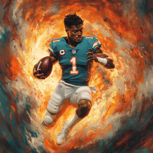 Create an image of Tua Tagovailoa, the quarterback for the Miami...