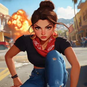 girl with brown hair, thick eyebrows, pumped up lips, potato nos...