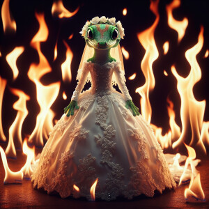 geccon in white wedding dress stay in flame