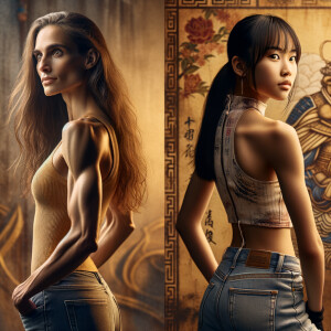 Athletic Thin skinny Attractive, Asian teenage girl, long brown hair and bangs, wearing tight skinny jeans and a halter top paint marks on her clothing, heroic pose Asian graffiti background, backside view