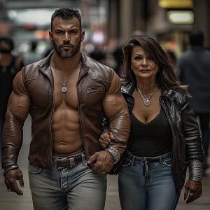 Photo,fantasy,a bodybuilder man ,walking with his 50 years old a...