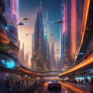 Imagine a city with neon-lit streets, towering skyscrapers, and...