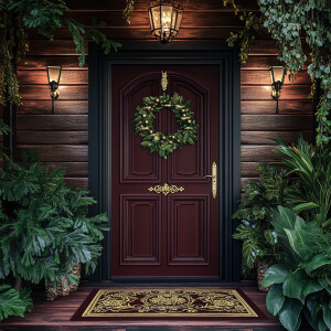 Create a 4d image of a warm and inviting front door with a welco...