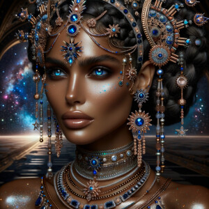 "Create a portrait of a regal  latino woman with an ethereal and cosmic theme. Her skin is a glossy tan brown, with a smooth and flawless finish that reflects light. Her eyes are a striking electric blue, like sapphires, with a makeup that accentuates their shape and the intensity of their color. Her hair is styled into an intricate array of braids, coils, and twists that cascade down and frame her face, adorned with beads and jewels that catch the light. She wears an elaborate headdress made of swirling patterns and motifs that evoke the mysteries of the universe, studded with shimmering stones and intricate enamel work in hues of blue and gold. Her attire consists of a cascade of layered necklaces and a majestic, shoulder-grazing earring, each piece detailed with a mix of precious stones, metals, and intricate beadwork. The background is a tapestry of stars and nebulas, suggesting a connection to the cosmos. Her pose is serene, with a hand gracefully touching her chin, adorned with rings that complement her other jewelry, all coming together to suggest an aura of wisdom and grace."