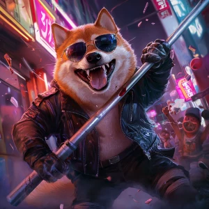 BONK meme Shiba Inu dog wearing sunglasses and a leather jacket,...