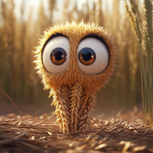 Animate an ear of wheat with large, expressive eyes in a cartoon...