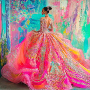 Describe the image featuring a person adorned in a brightly pink...