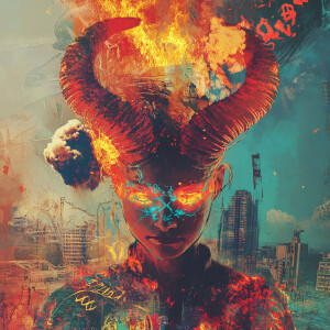 A malevolent deity with fiery hues of red, orange, yellow, and c...