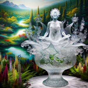 "A transparent glass woman sits serenely within a delicate, orna...