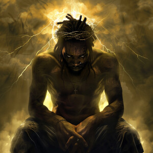 African-American demon man handsome on his knees and Black Jesu...