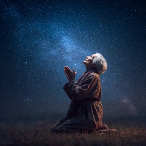 Create an image of an elderly woman kneeling under a starlit sky...