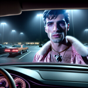 beautiful fictional movie scene, night lighting, parking lot bac...
