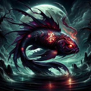"Create a dark and mystical depiction of a demonic koi fish, ble...