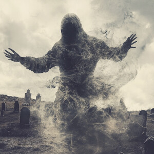 transparent ghost floating over a graveyard,  wide spread arms,...