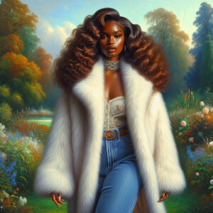 Craft a 4K glossy oil painting portraying a regal, plus-size Afr...