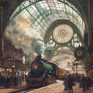 steampunk train station, 2d illustration, pastel tones, steam, t...
