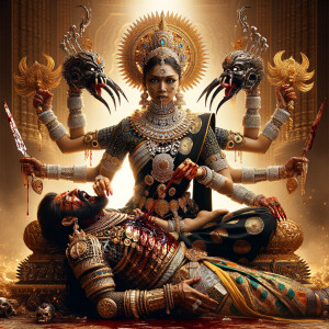 portrait of intense looking, four-armed indian goddess sitting...