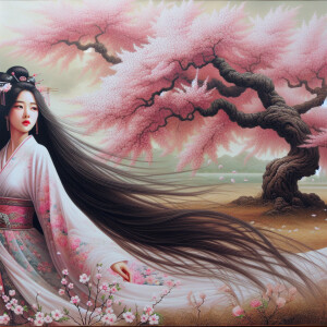 Beautiful Asian woman’s long straight blowing hair, wearing a be...