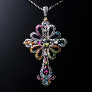 Design an elegant and intricate cross pendant adorned with color...