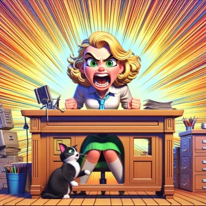 A cartoon of a blond girl with green eyes sitting at a neat a cl...